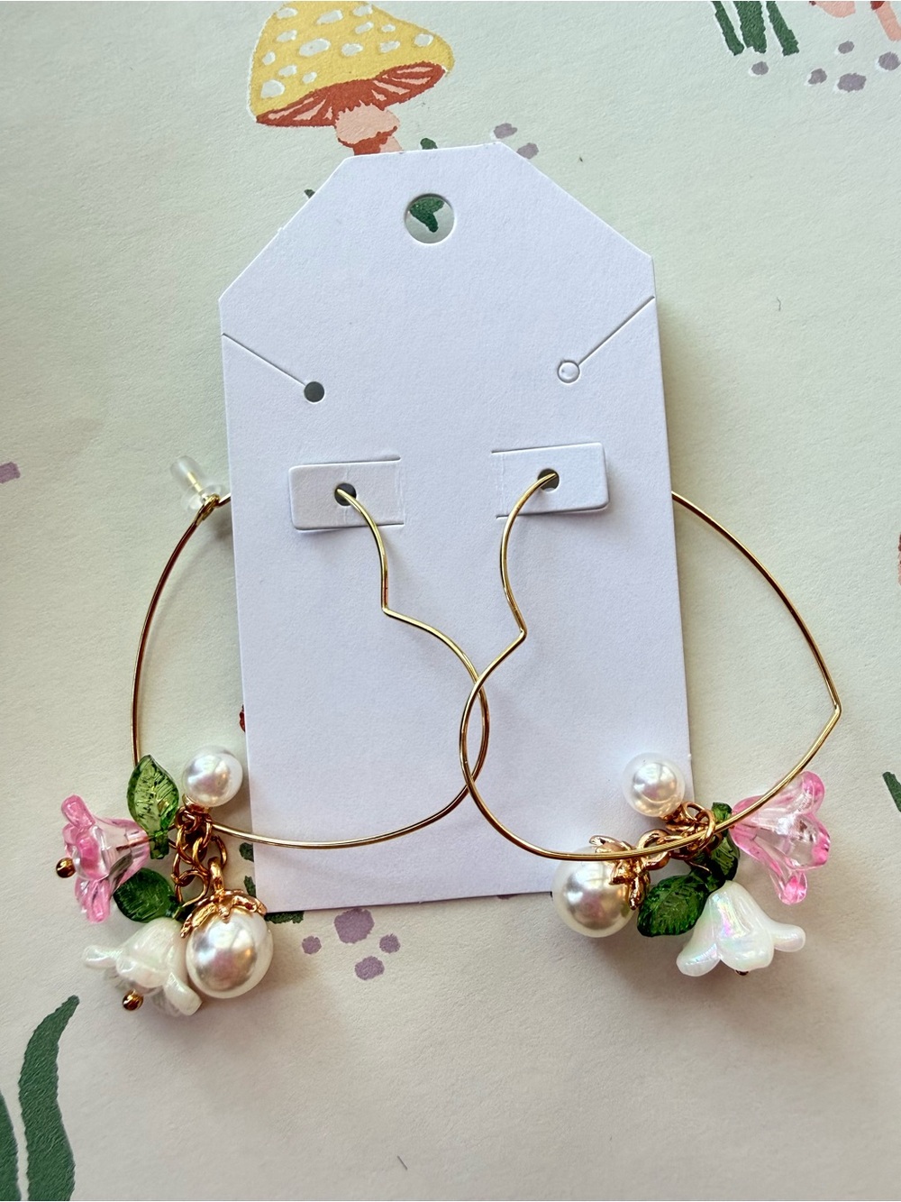 Gold Hoop Earrings with Pink Flower Charms